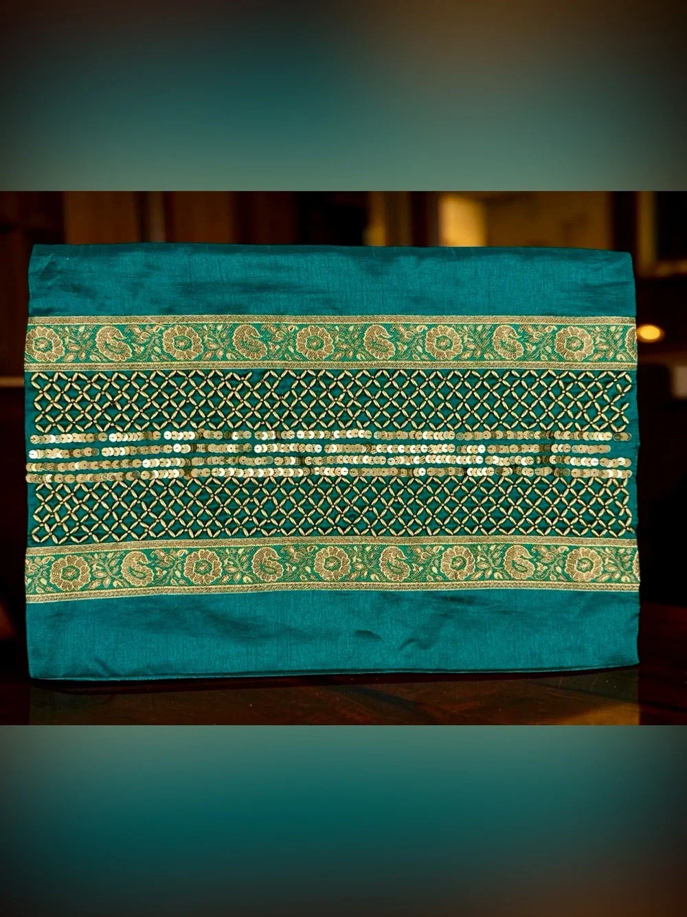 Pier 1 Imports Teal Gold Beaded Sequin Lumbar Pillows SET OF 2 13x19 inches